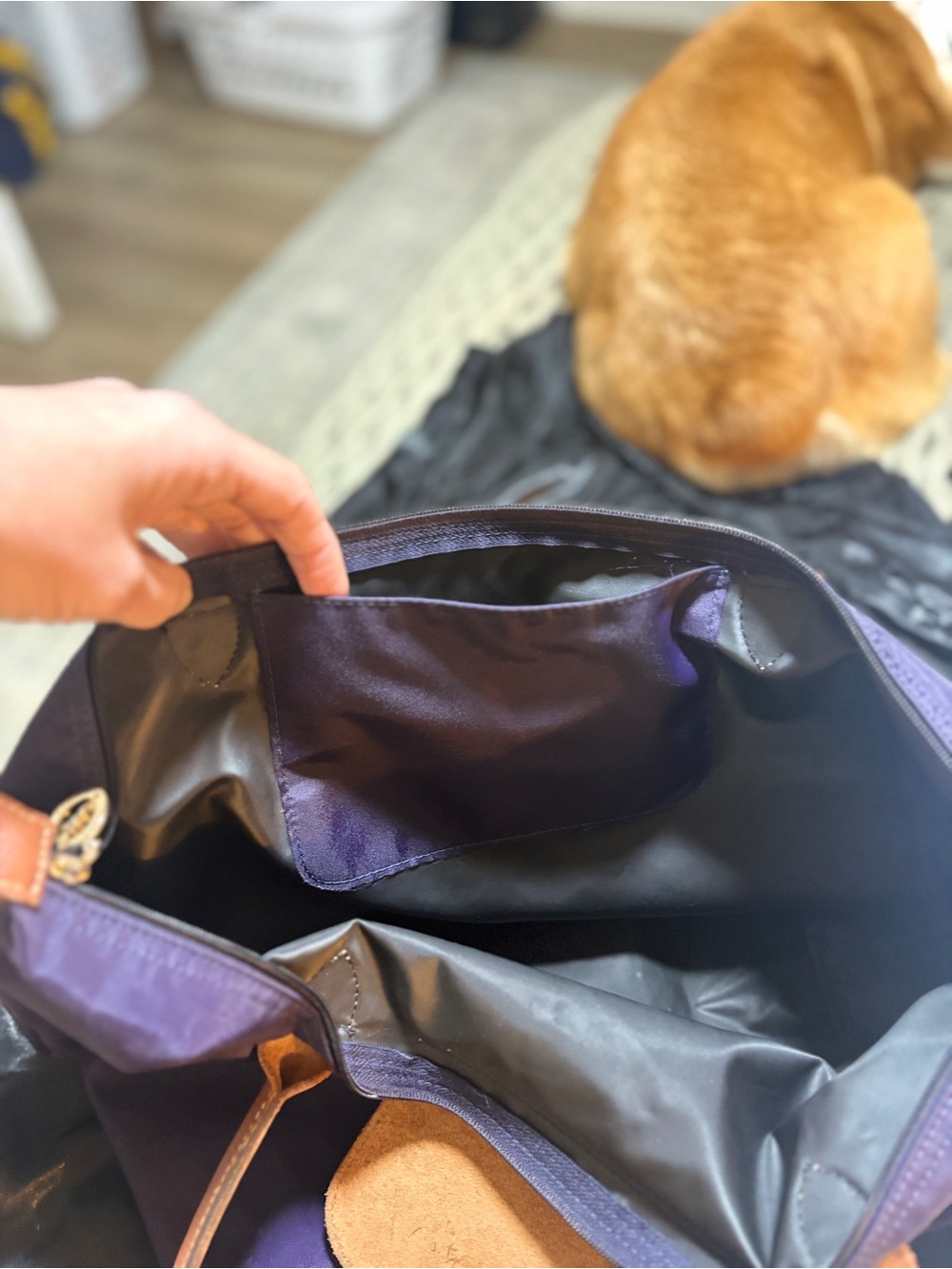 Longchamp Le Pliage Shopping Tote Purple Plum Nylon Large - Brown Leather - Picture 8 of 13